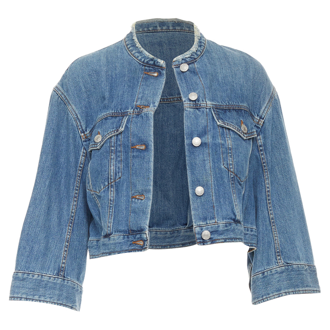 Dries Van Noten 2017 Blue Washed Distressed 3/4 Sleeve Crop Denim