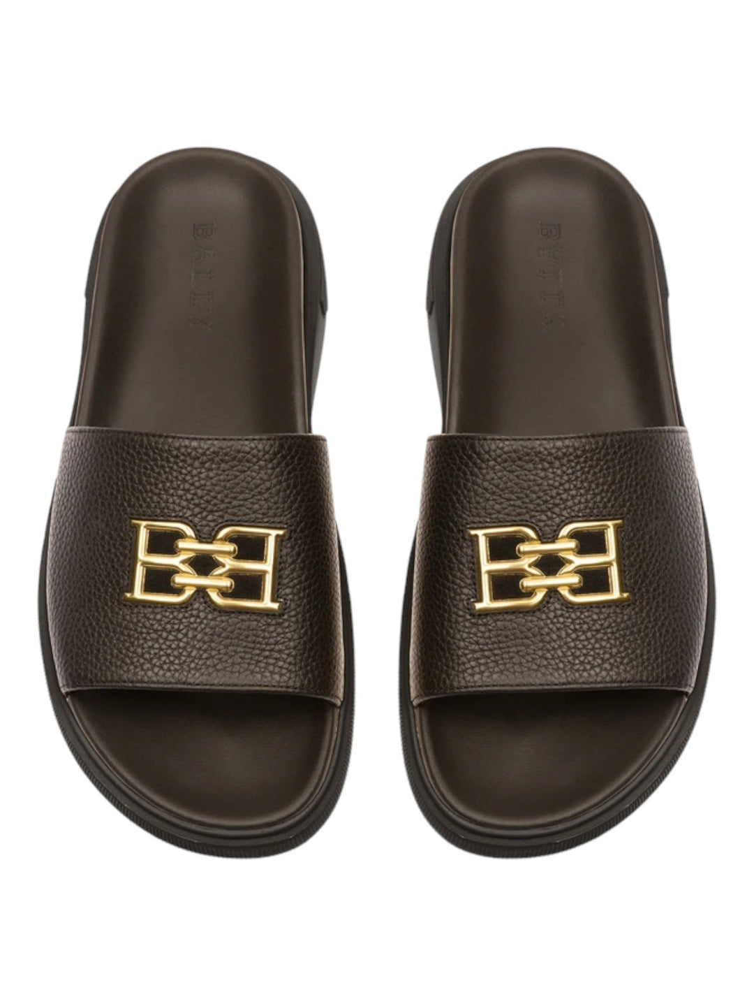 NEW BALLY men\'s jaxons 6300152 leather sandals in black bovine grained Bally JAXONS BLACK LEATHER B CHAIN GOLD LOGO SANDALS SLIDES  main image 3