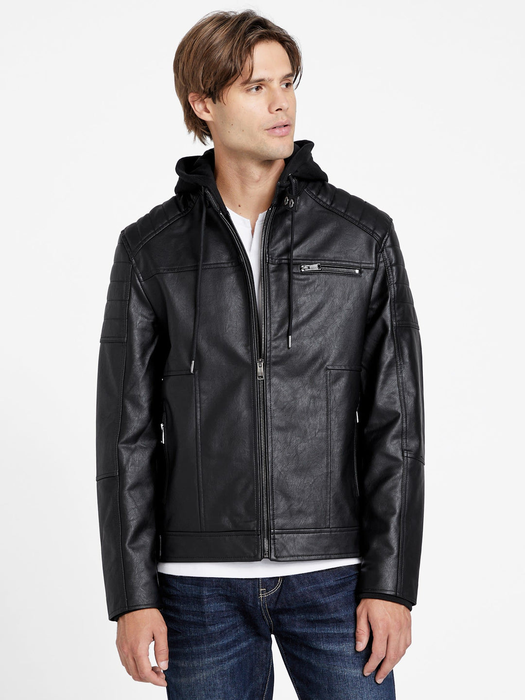 0llx4l❤︎ Guess Factory Davino Faux-Leather Hooded Moto Jacket | ShopSimon