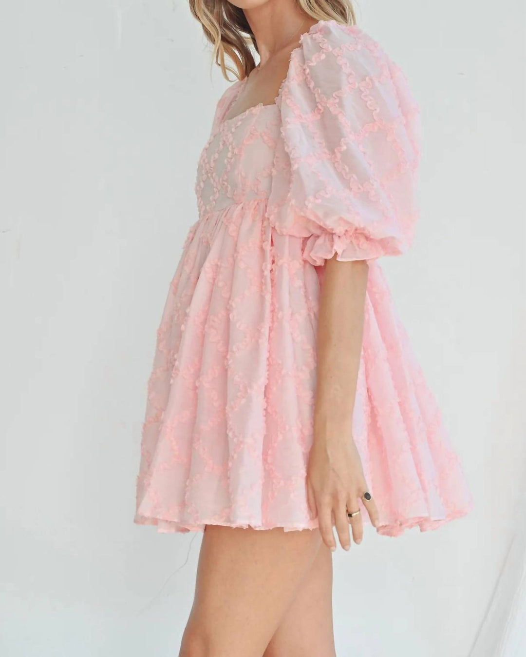 MABLE Ribbon Textured Puff Sleeve Babydoll Mini Dress In Baby Pink