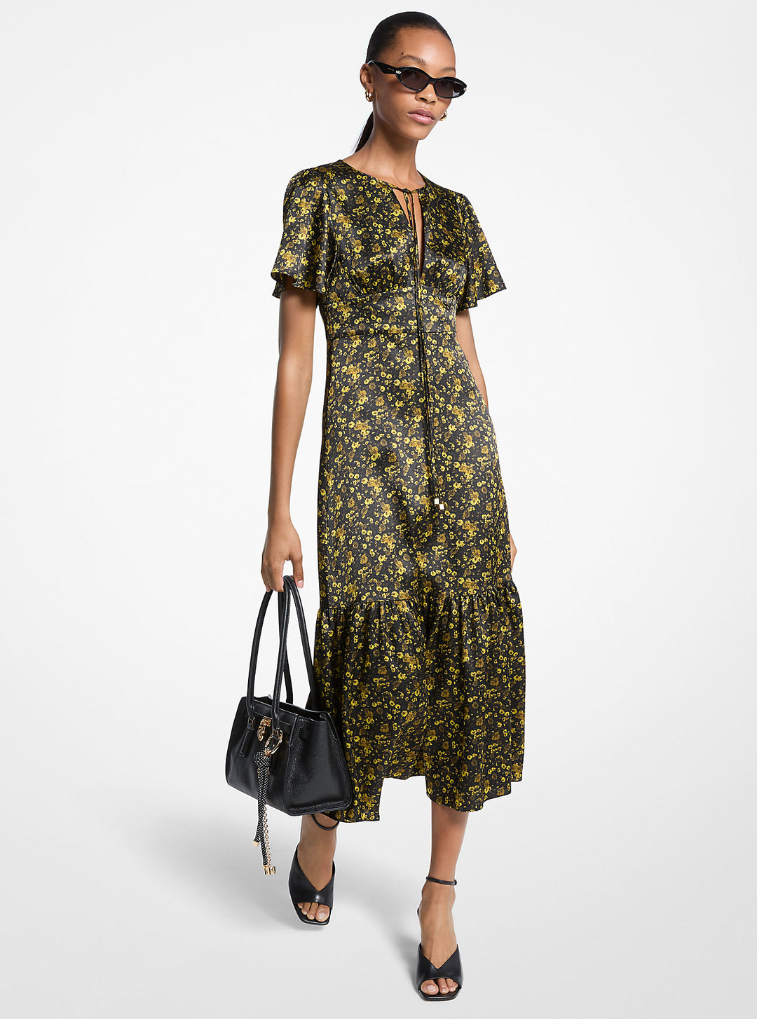 open lace back dress Michael Kors Floral Hammered Satin Midi Dress