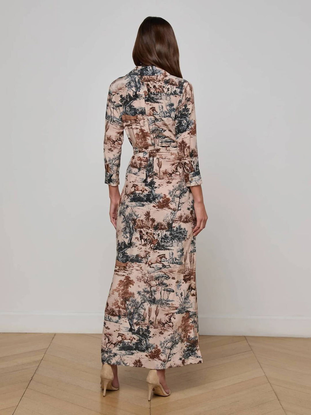 cameron silk shirt dress L'AGENCE Cameron Silk Shirt Dress In Light Pink Multi Large Postcard Print