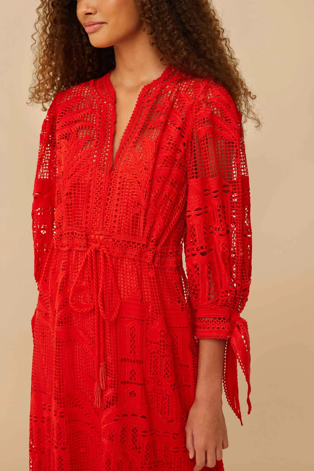 FARM RIO Morada Boa Guipure Maxi Dress In Red | ShopSimon