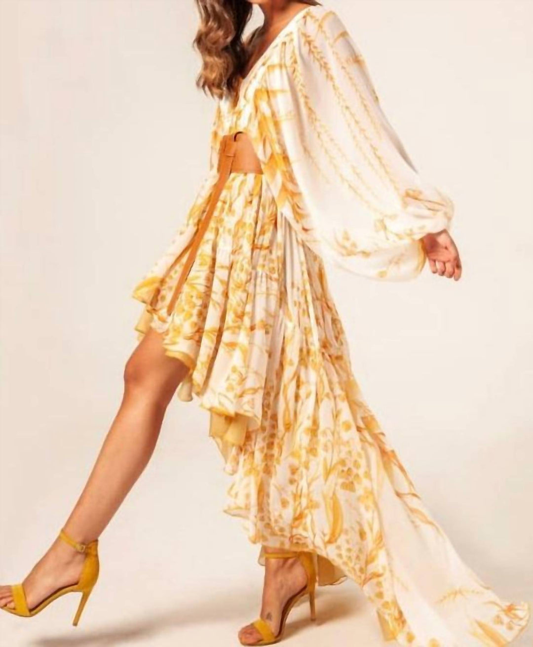 Masavi Leafs Asymmetrical Dress In Mustard