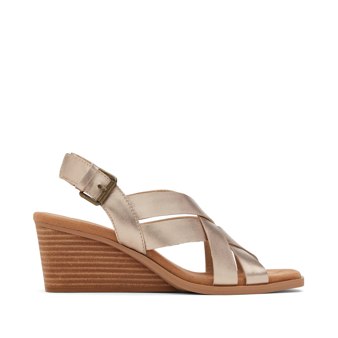 TOMS Shoes Gracie Gold Leather Wedge Sandal | ShopSimon