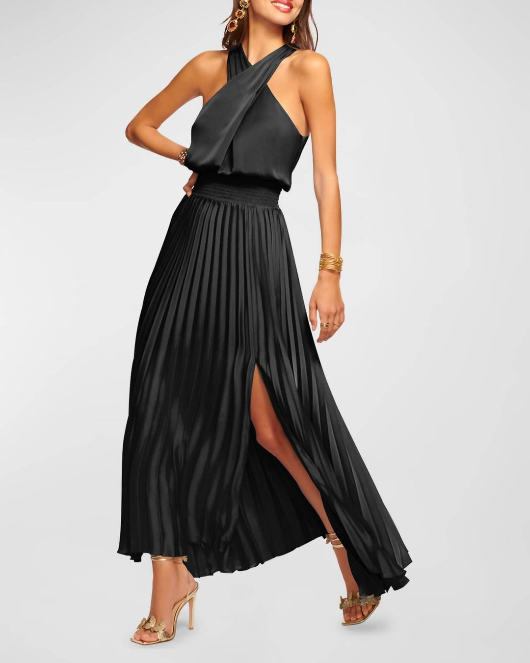 Ramy Brook Arina Pleated Halter Midi Dress In Black | ShopSimon Ramy Brook Arina Pleated Halter Midi Dress In Black | ShopSimon