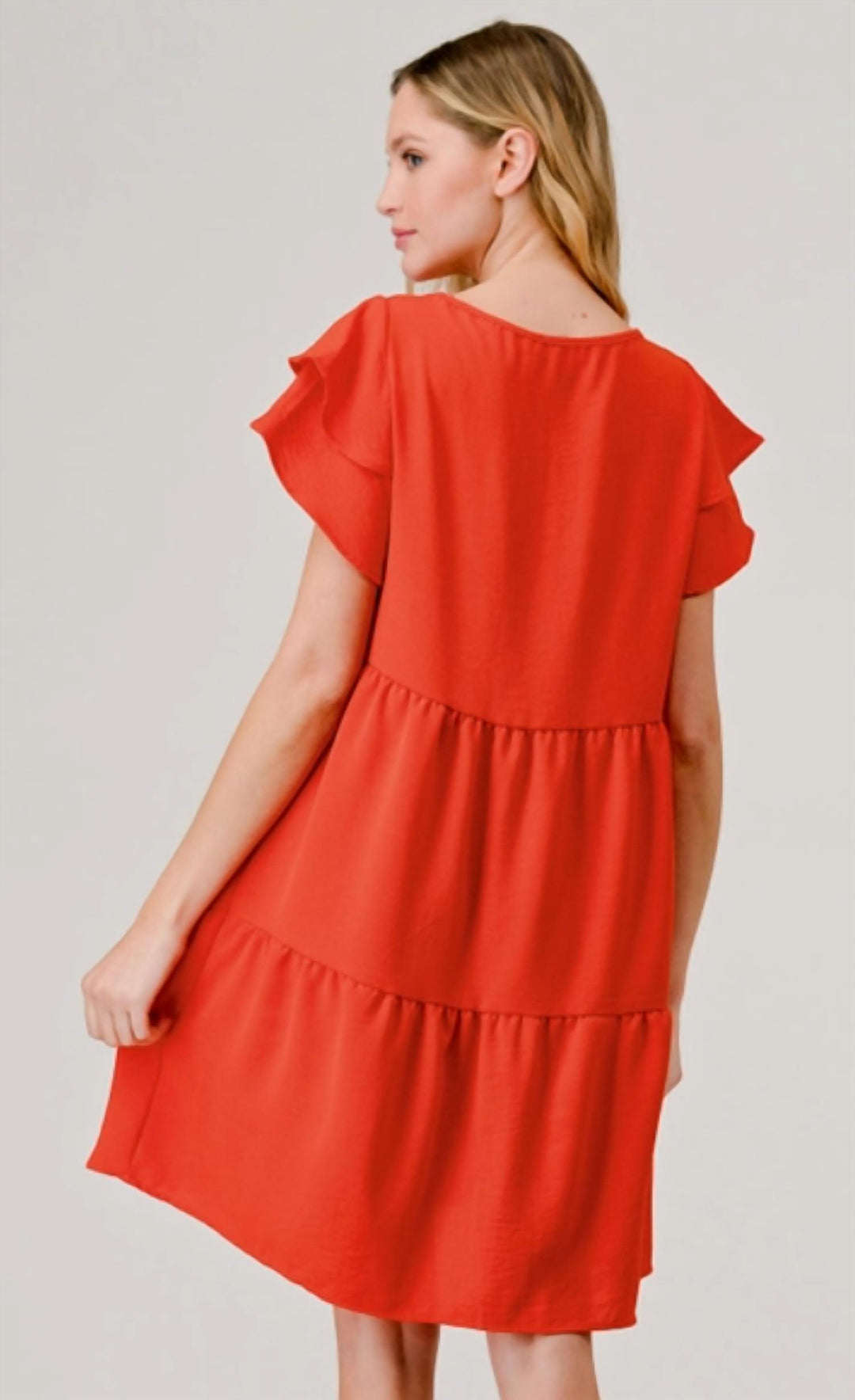 Pixi + Ivy Tiered Flutter Sleeve Dress In Red Orange | ShopSimon