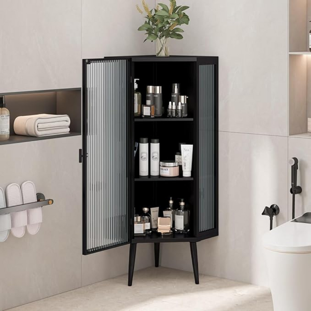 Hivvago 3-Tier Tempered Glass Floor Corner Cabinet For Bathroom, Living
