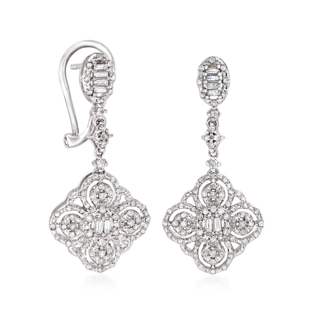 Ross-Simons Diamond Floral Drop Earrings In Sterling Silver | ShopSimon