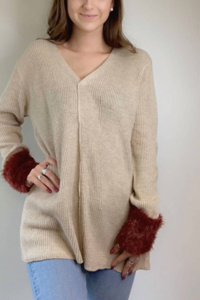 LoveRiche V Neck Sweater With Fur Accent Cuffs In Camel And Rust
