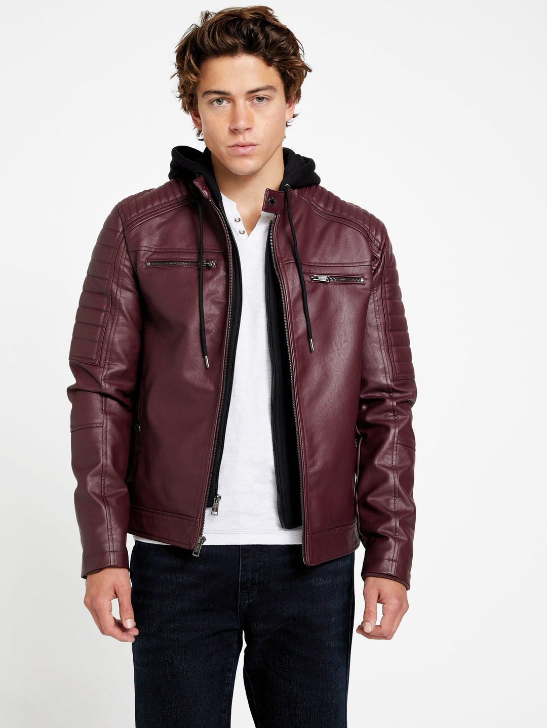 Guess Factory David Faux-Leather Hooded Jacket | ShopSimon