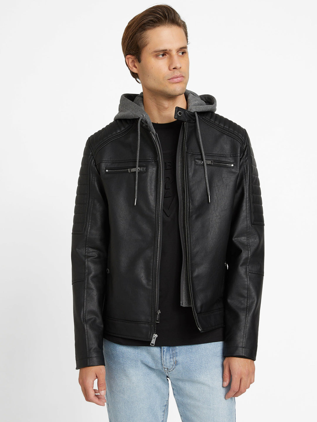 Guess leather hooded jacket hotsell