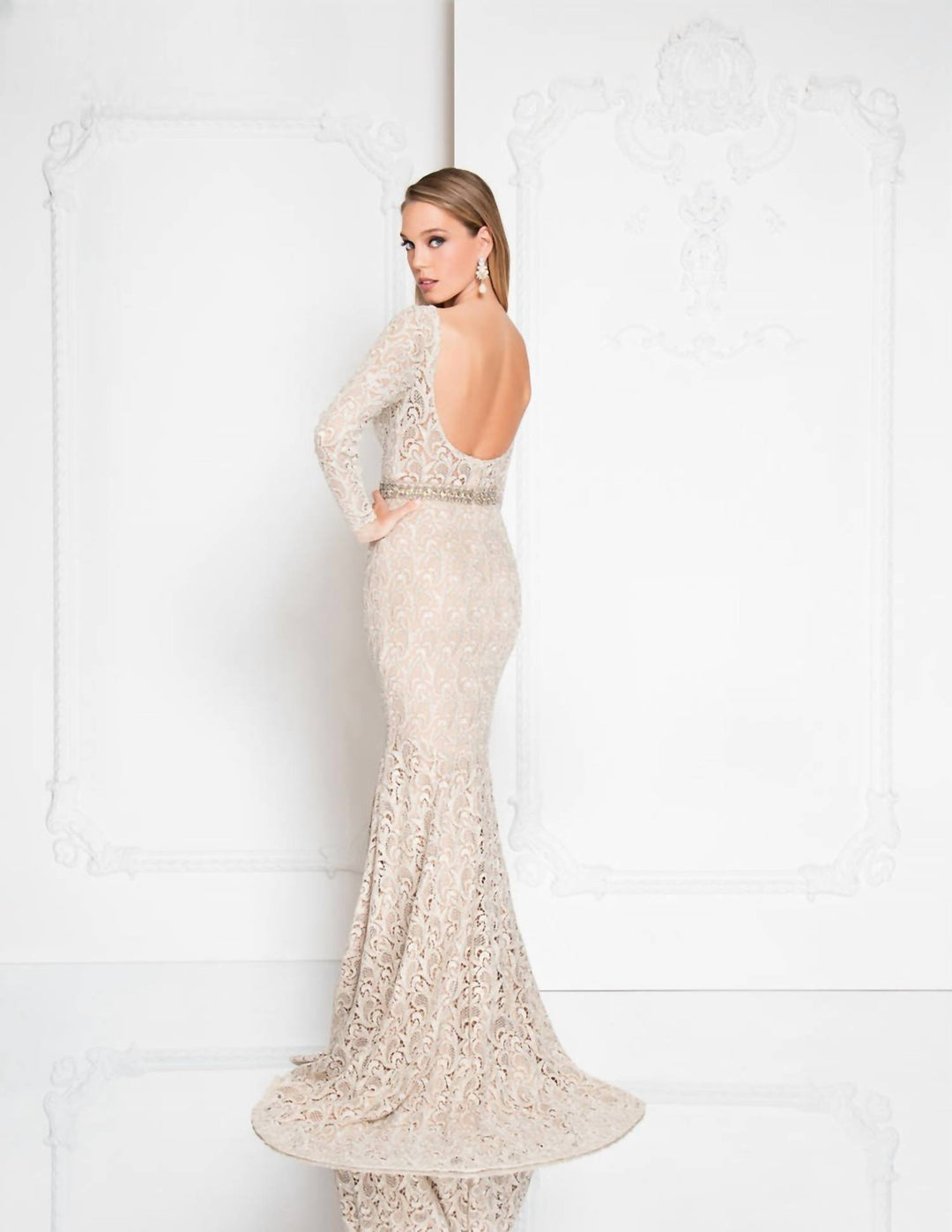 Terani Couture Long Sleeves Lace Gown In Champagne ShopSimon