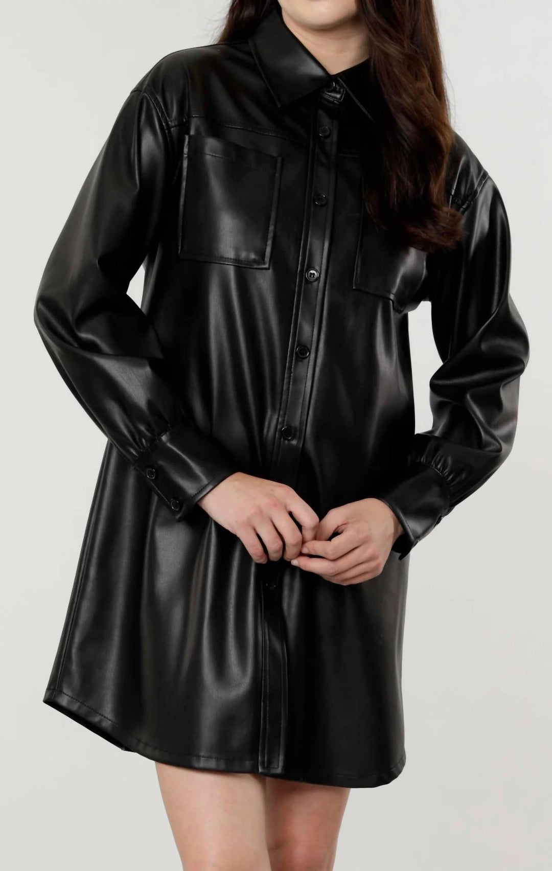 New Tibi belted black long sleeve vegan leather shirt dress, size orders 0