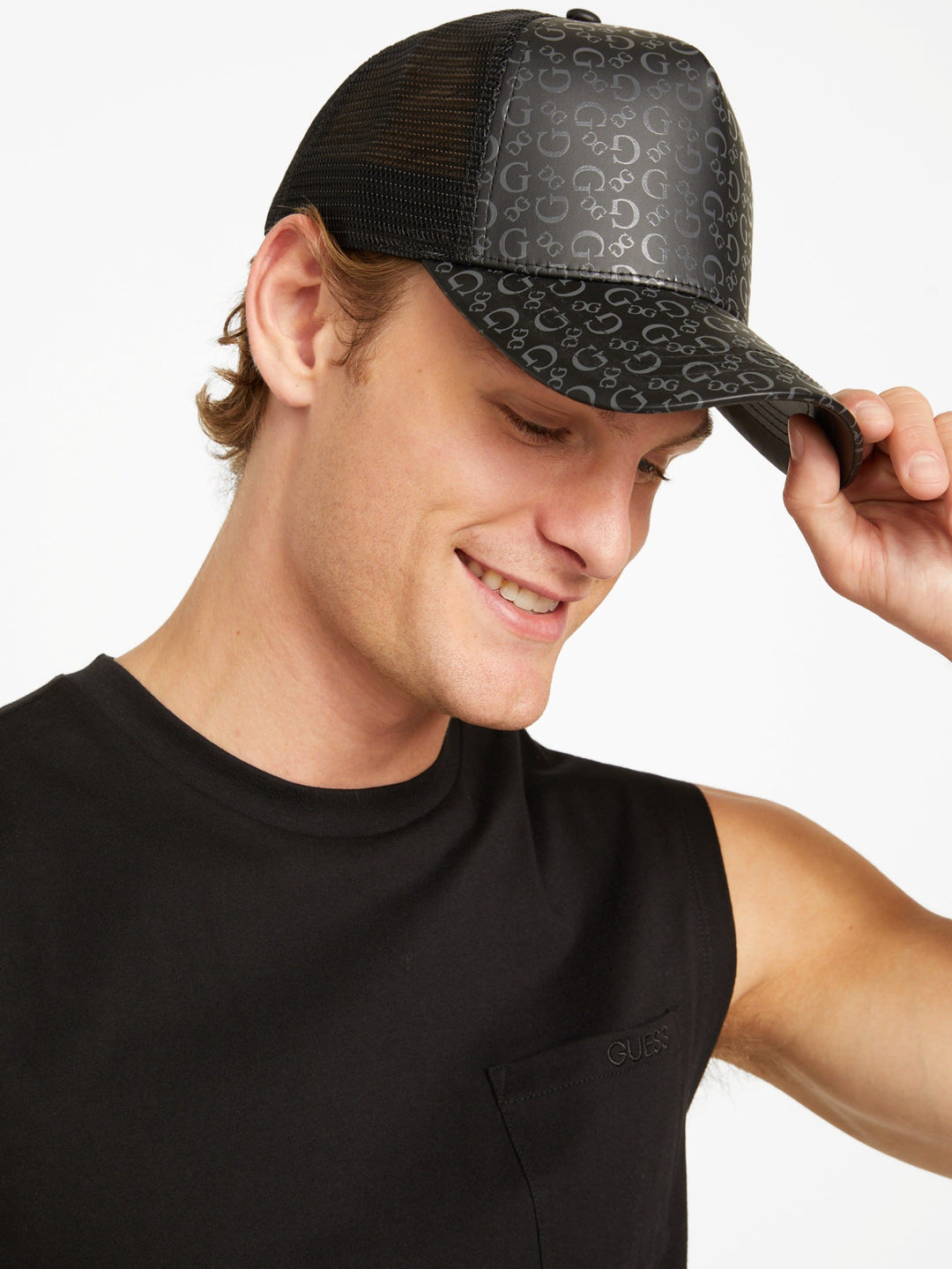Guess Factory Faux Leather Logo Emblem Baseball Hat OS Black Quiet Luxury Guess Factory Faux-Leather Logo Emblem Baseball Hat | ShopSimon main image 3