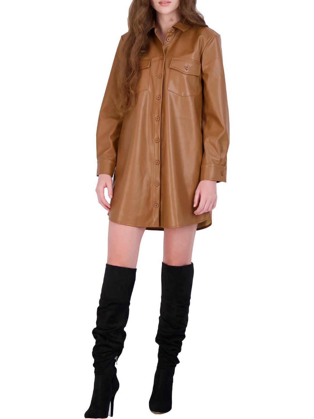 BB Dakota by Steve Madden Faux Leather Shirtdress Caramel Medium store