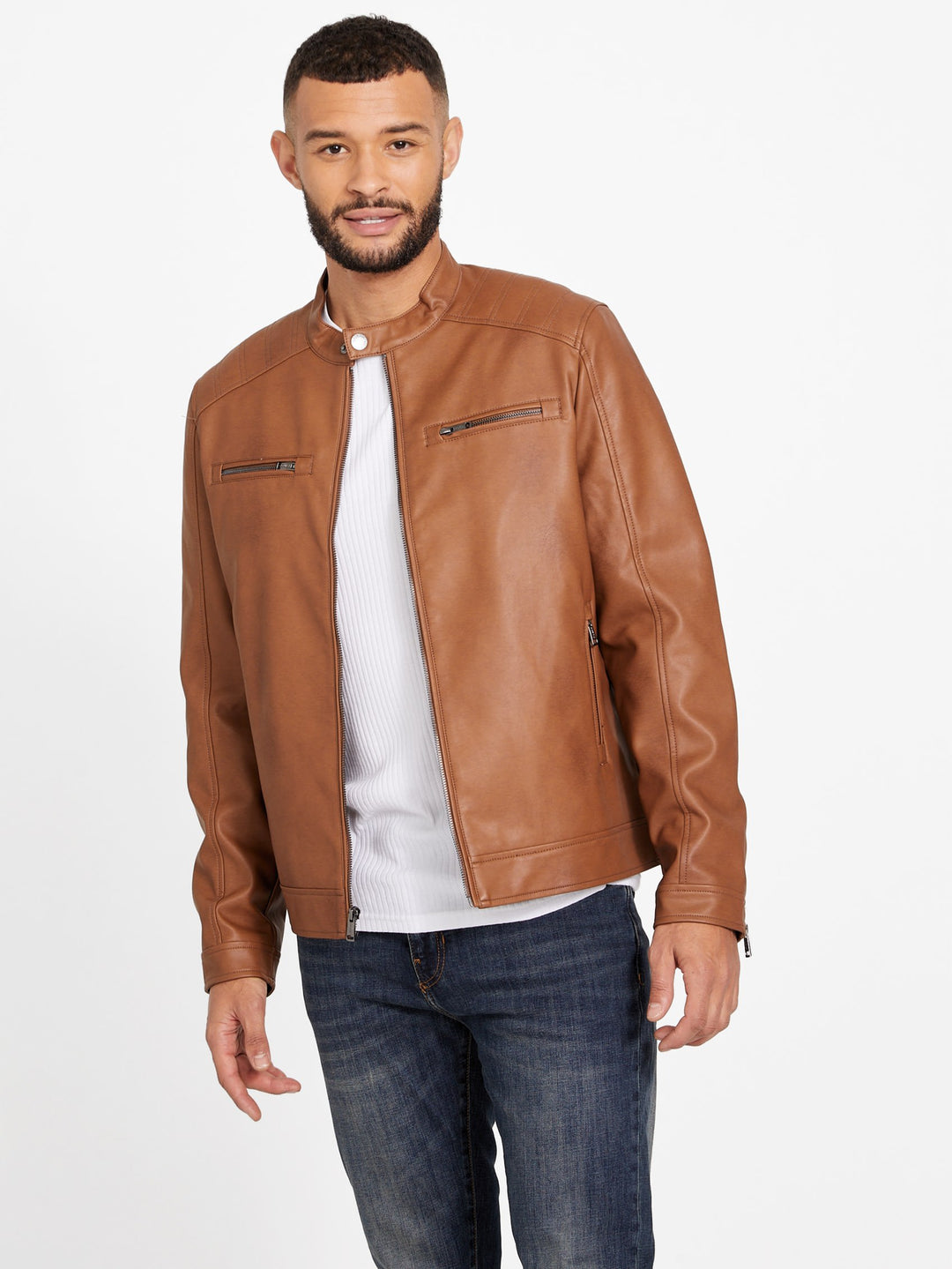 River Washed Faux-Leather Moto Jacket | GUESS Factory