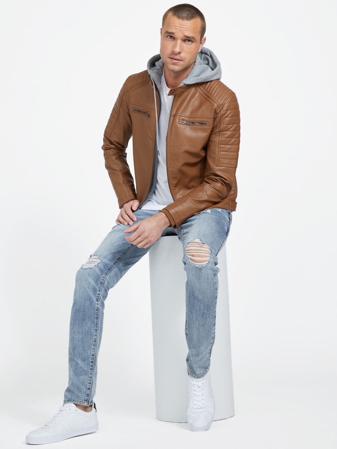 Guess Factory David Faux-Leather Hooded Jacket | ShopSimon