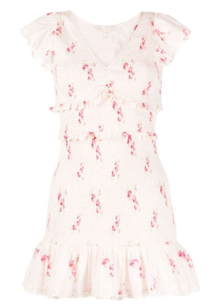 love shack fancy sonora mini dress LoveShackFancy Love Shack Fancy Women V-Neck Ruffle Short Sleeves Sonora  Dress Berry Moment