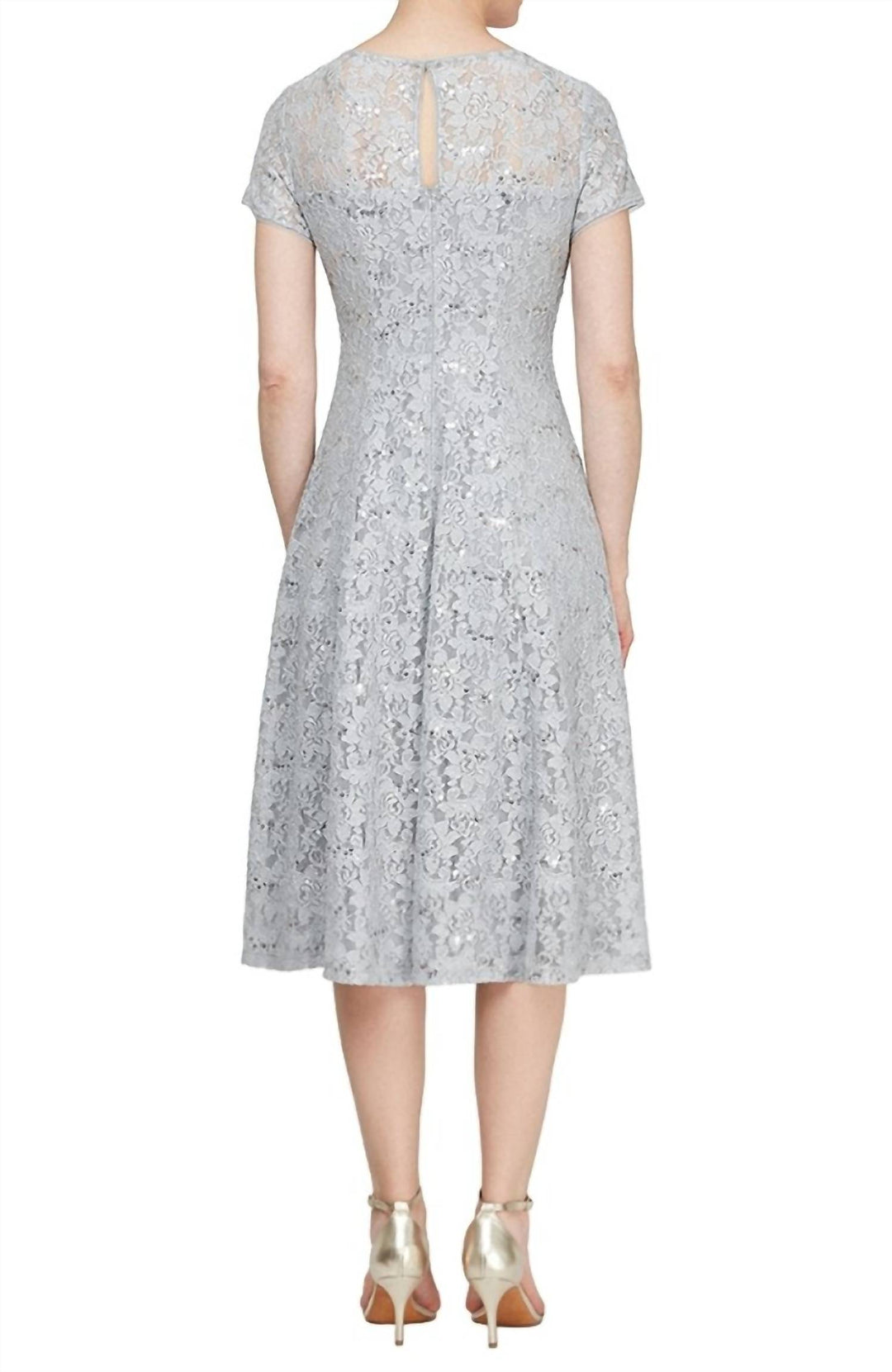 SLNY Cap Sleeve Tea Length Sequin Lace Dress In Silver