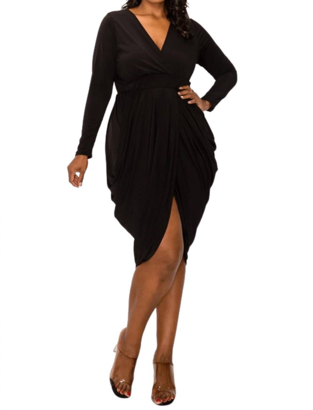 Janette Plus Wrap Style Draped Midi Dress In Black