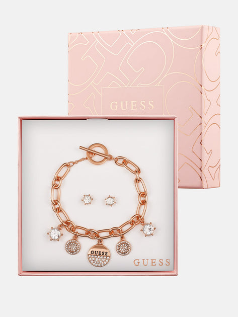 Guess Factory Rose Gold-Tone Charm Bracelet and Crystal Earrings Box ...